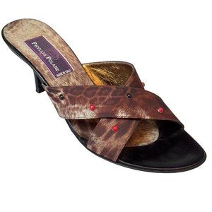 Phyllis Poland Shoes Multi-Color Abstract Print Fabric Vintage Slides